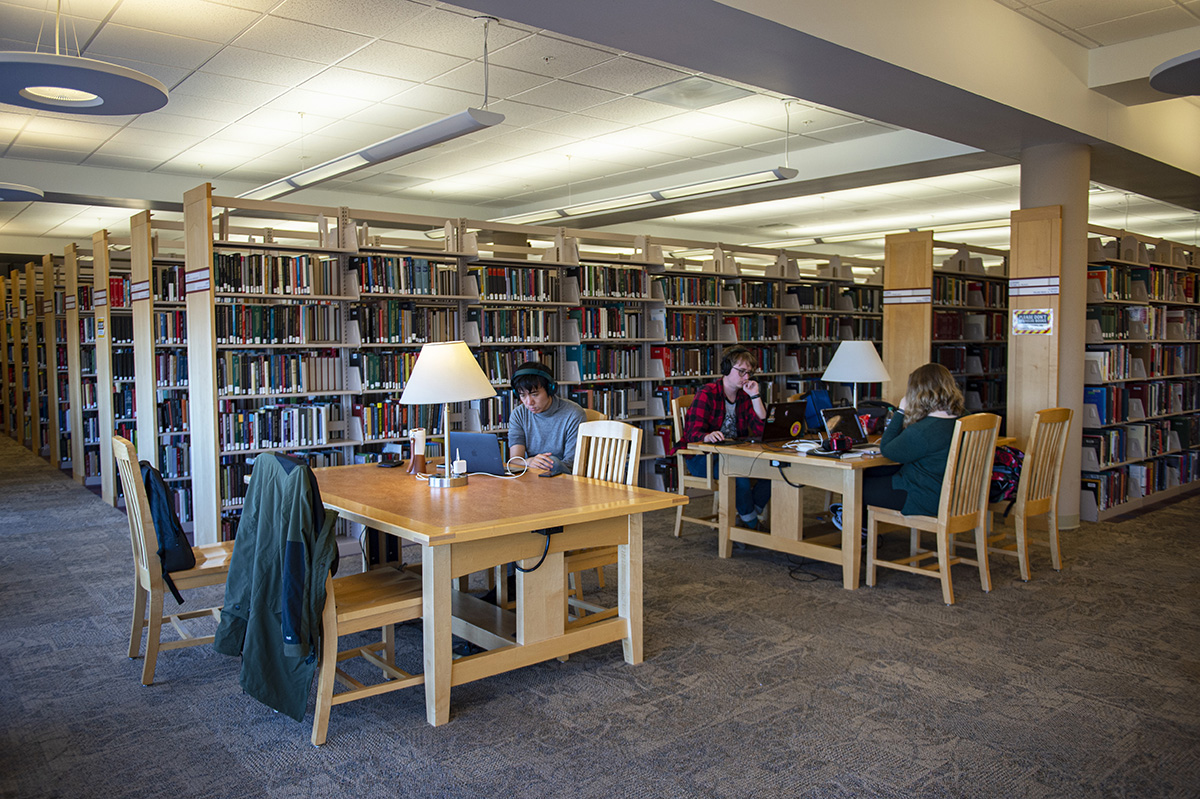 SIU students studying in Morris Library beside bookshelves